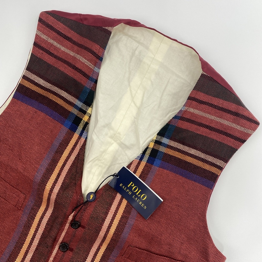 NEW Polo Ralph Lauren Vest Mens 46L Long Linen Italy Wedding Tartan Plaid Prep